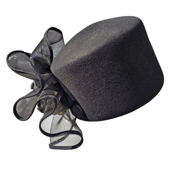 Deborah NY Asymmetric Black Felt Pillbox Hat Large Mesh Bow Size M NEW - Picture 1 of 9